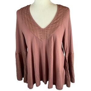 Free People Lace Peasant Boho Blouse Top Sz S Dusty Rose Pink Bell Sleeve V-Neck
